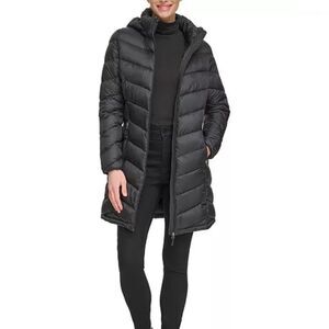 Charter Club Packable 3/4 Length Puffer Hooded Jacket Marine L NWT